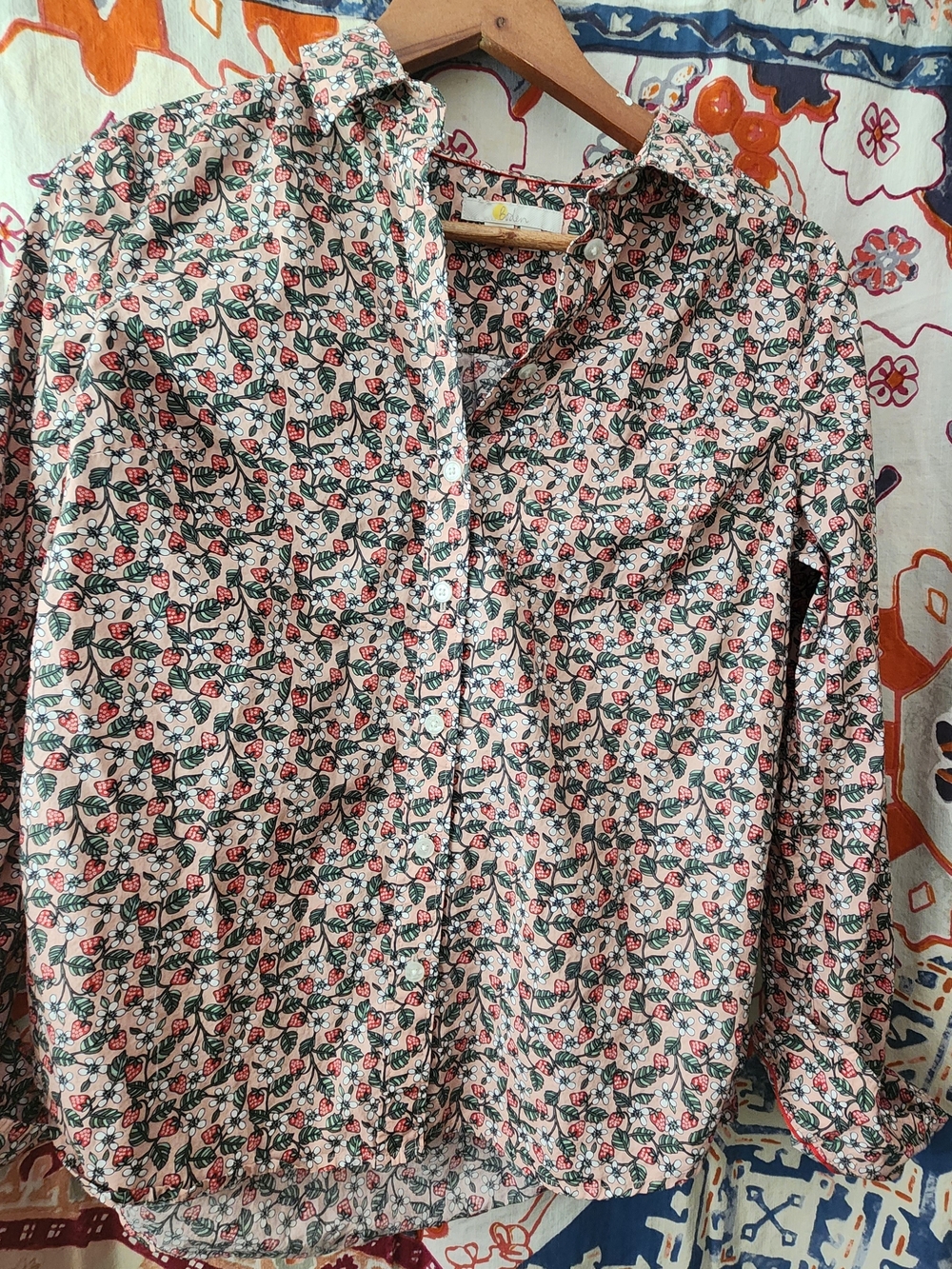 Boden Pink Floral and Green Leaf Patterned Top with Red Trim